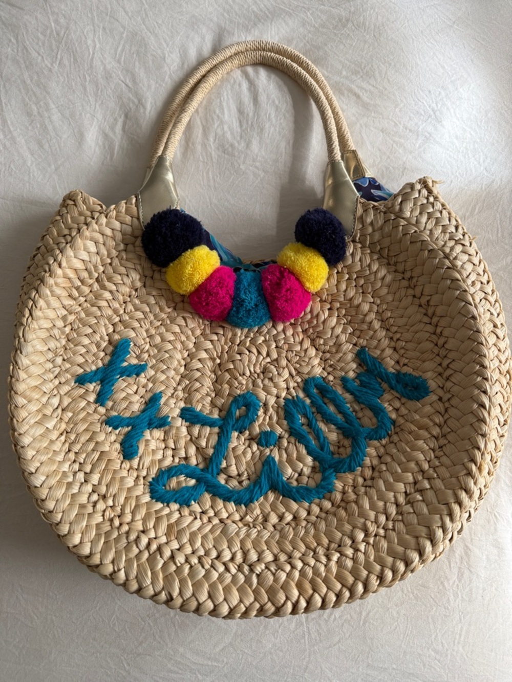 Lilly Pulitzer Natural Straw Tote with Teal Script and Colorful Pom Accents